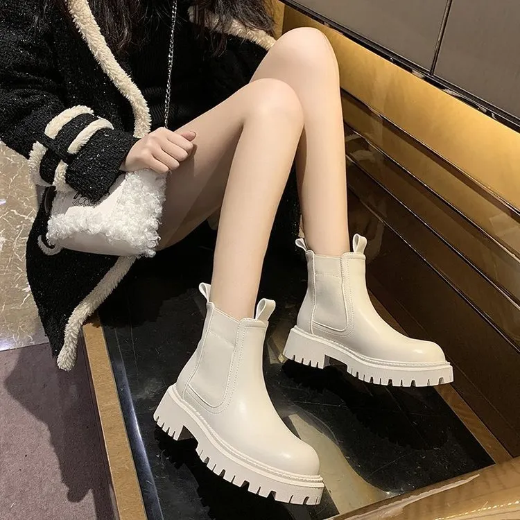 Fashionkova 1980s fashion trends Autumn and Winter Fashion Martin Boots Women's British Style Thick Heel Season round Toe Thick Bottom Fashion Cigarette Holder Fleece-lined Short Boots