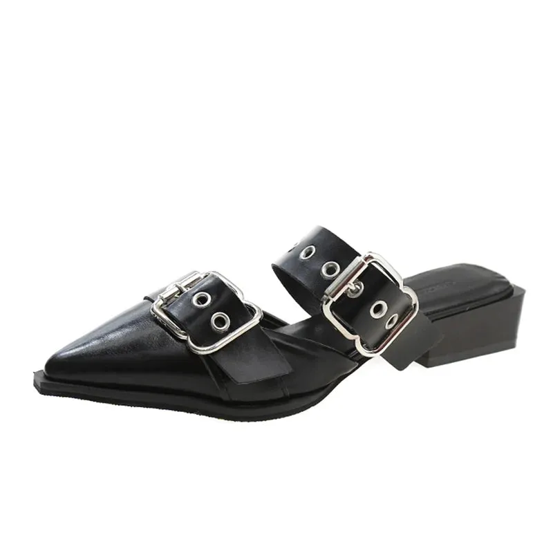 Hnzxzm Punk Gothic Metal Buckle Low Heels Sandals Women New Pointed Toe Thick Heeled Summer Slippers Woman Platform Muller Shoes