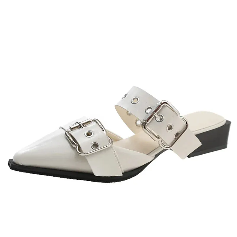 Hnzxzm Punk Gothic Metal Buckle Low Heels Sandals Women New Pointed Toe Thick Heeled Summer Slippers Woman Platform Muller Shoes