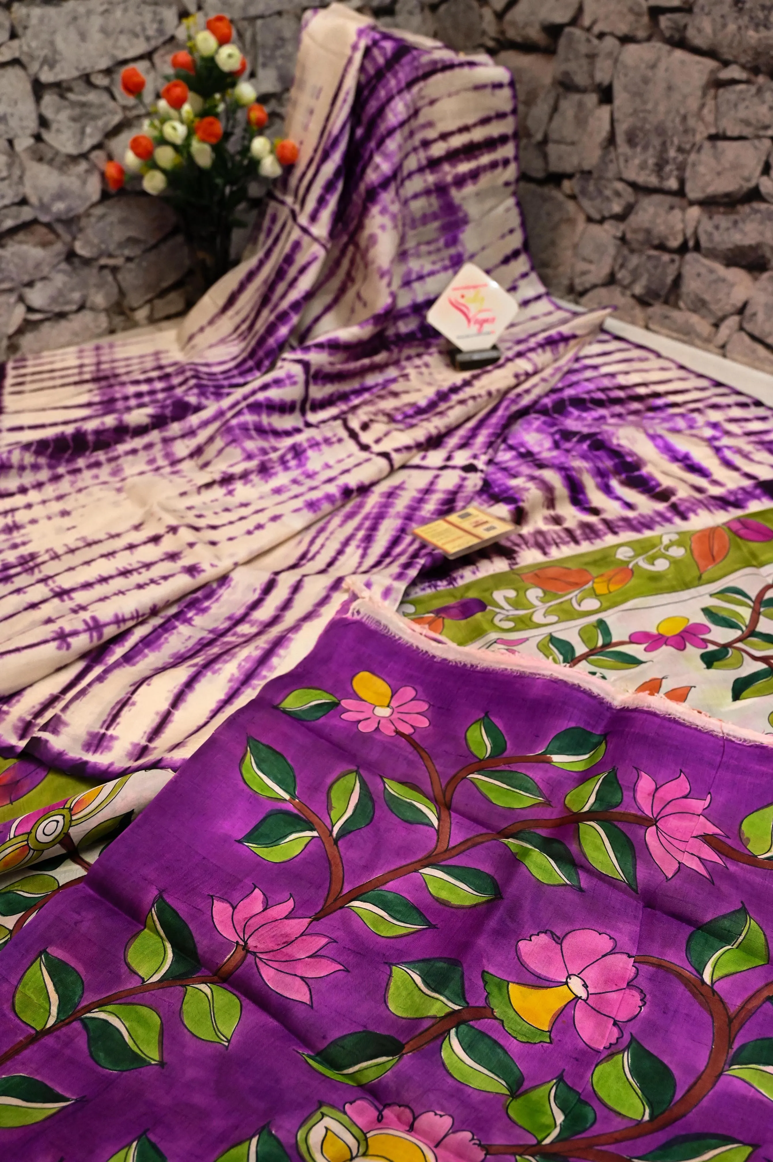Light Purple Color Pure Bishnupur Katan Silk with Hand Painted Kalamkari & Hand Shibori Dye