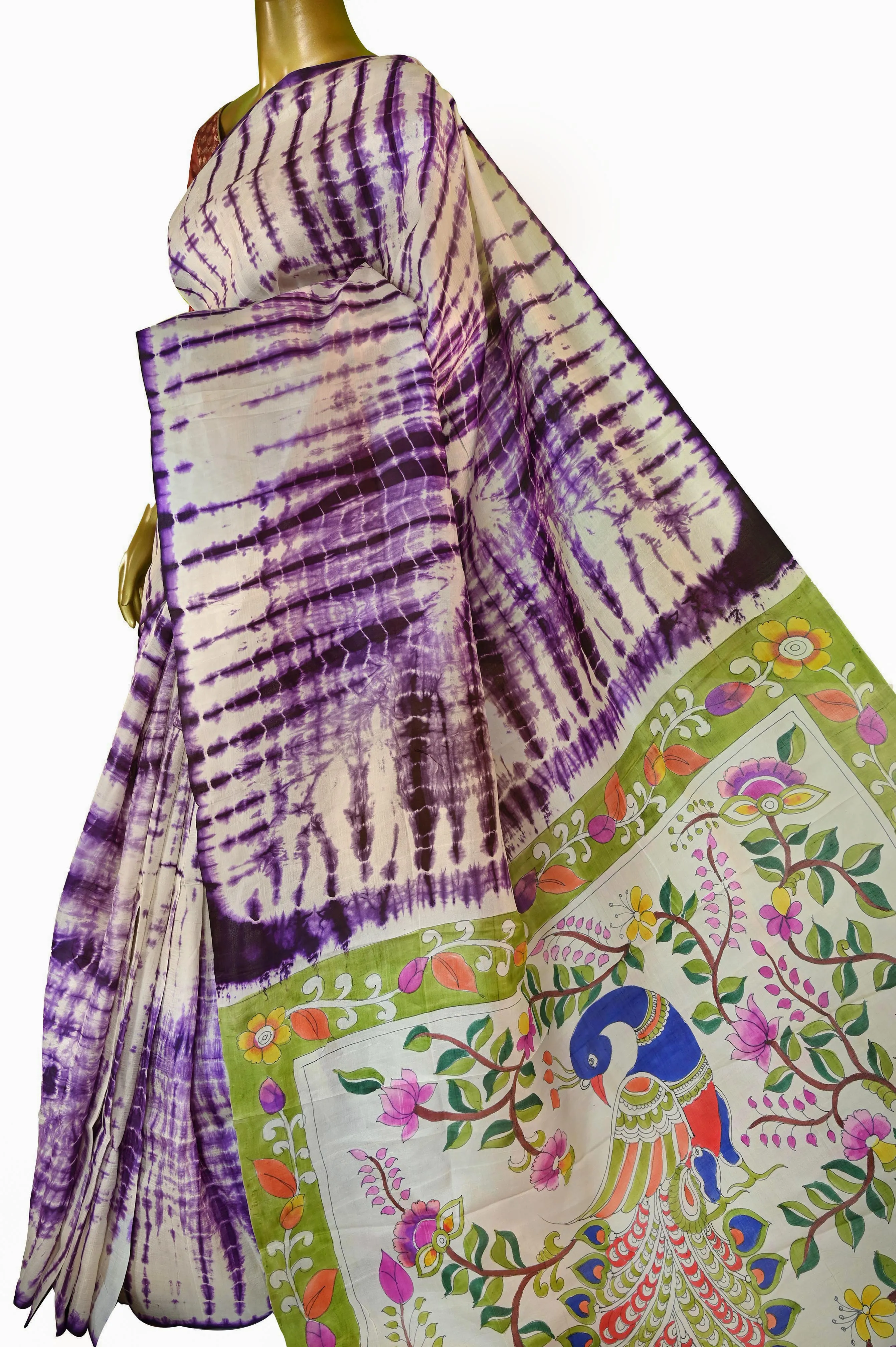 Light Purple Color Pure Bishnupur Katan Silk with Hand Painted Kalamkari & Hand Shibori Dye