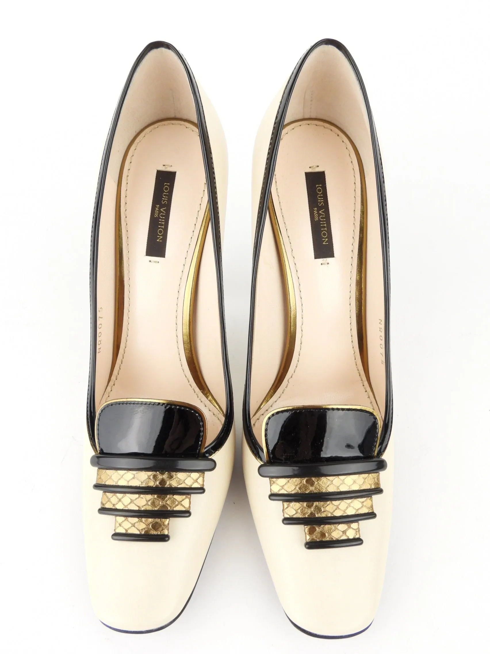 Louis Vuitton Cream, Black and Gold Leather Sculpted Stiletto Heel Pumps - 38.5