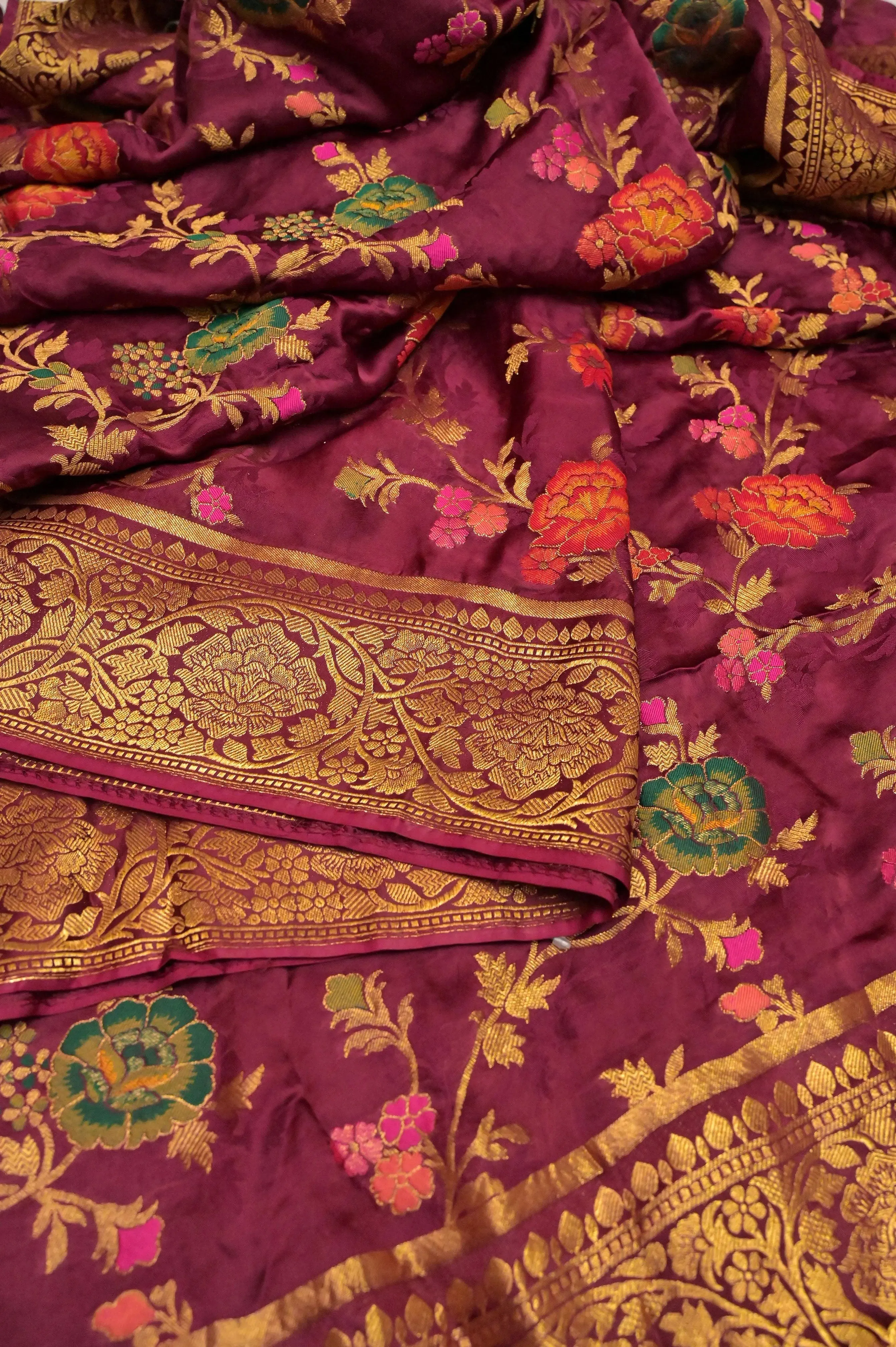 Maroon Color Satin Katan Banarasi Saree with Meenakari Zari Work