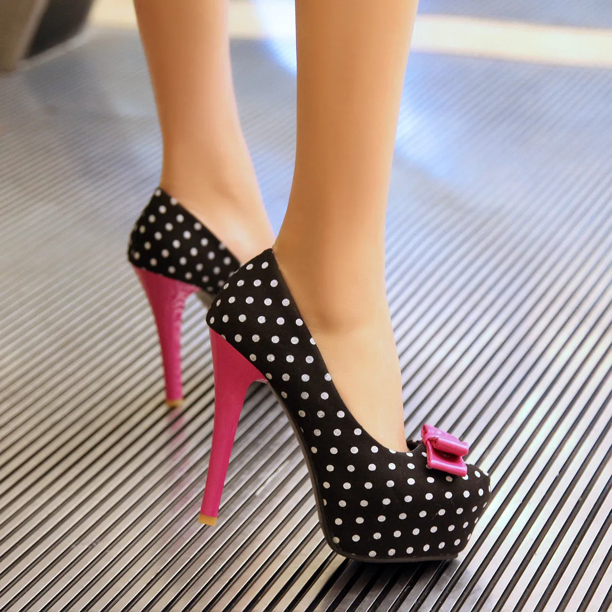 Polka Dot Bowtie Platform Pumps High Heel Shoes Woman 7273