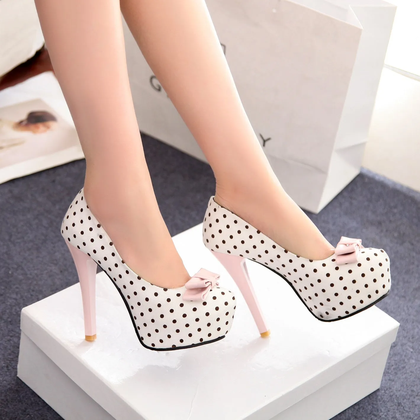 Polka Dot Bowtie Platform Pumps High Heel Shoes Woman 7273