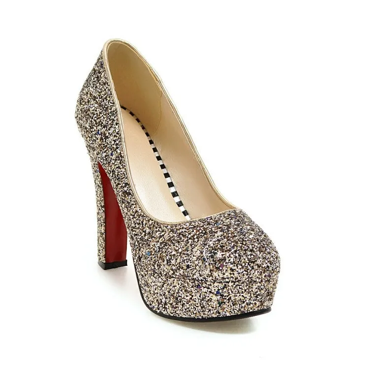 Sequin Women Chunky Heel Pumps High Heeled Wedding Shoes MF4666