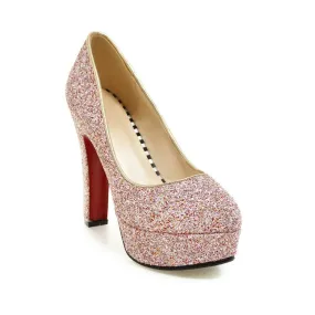 Sequin Women Chunky Heel Pumps High Heeled Wedding Shoes MF4666