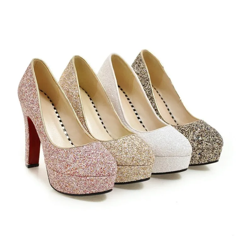 Sequin Women Chunky Heel Pumps High Heeled Wedding Shoes MF4666